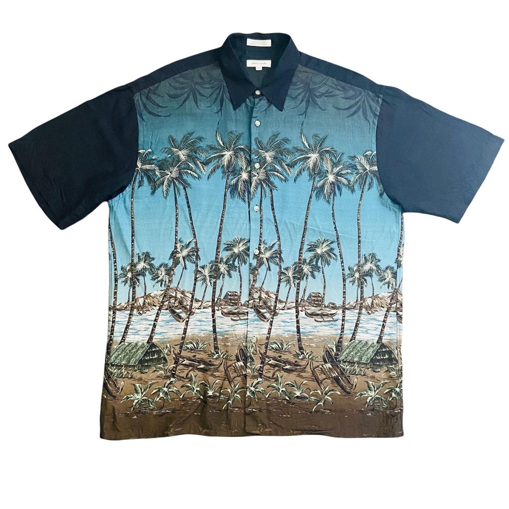 Pierre Cardin Button‎ Down Shirt Vintage 90s Men L Blue Tropical Palm Tree Rayon
